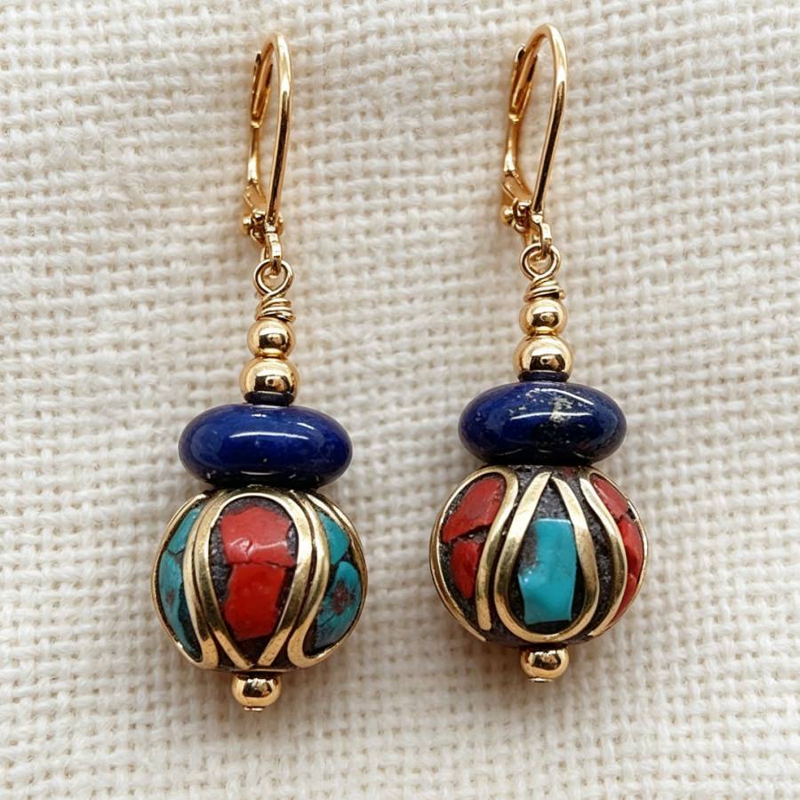 Women Accessories Nepal - Orecchini Pendenti Artigianali in Lapislazzuli Blu