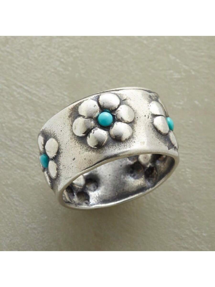 Women'S Accessories Gift Ideas - Anello largo turchese con fiore argentato